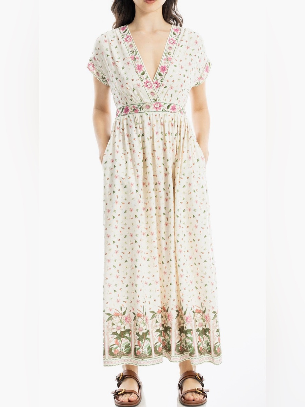 Max Studio Surplice Neck Short Sleeve Maxi Dress in Cream/Pink Magenta